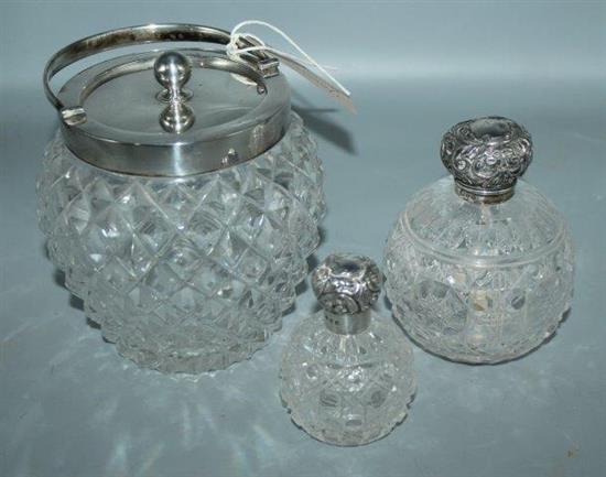 2 silver top scent bottles & biscuit barrel